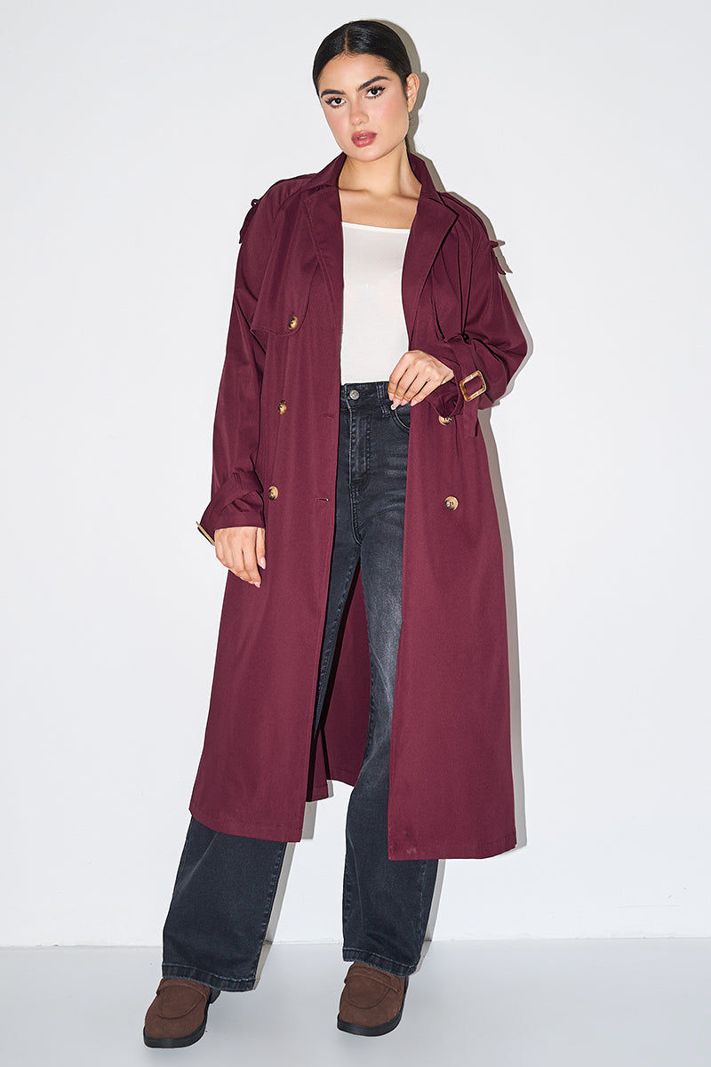 KATCH ME Soft Notch Lapel Double Breasted Belt Trench Coat