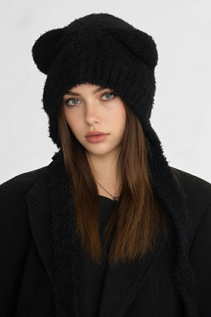 Katch Me Look Women's Lovely Solid Color Soft Knit Beanie, Winter No-Brim Lightweight Earflap Hat, Cozy Fluffy Bear Ears Crochet Accessory for Ladies