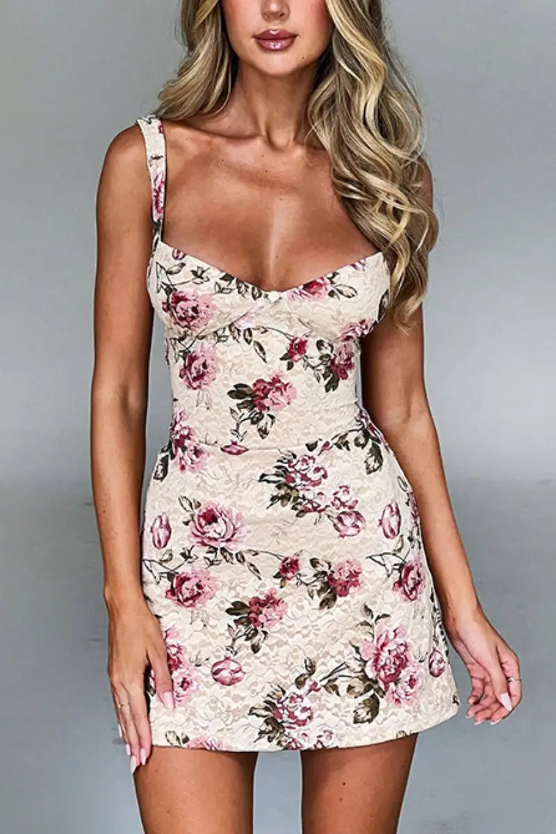 KATCH ME Apricot Rose Print Sweetheart Straps Dress Dress 