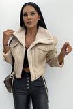 KATCH ME Beige Biker Zipper Lamb Wool Drawstring Leather Jacket Coat 