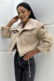 KATCH ME Beige Biker Zipper Lamb Wool Drawstring Leather Jacket Coat 