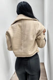 KATCH ME Beige Biker Zipper Lamb Wool Drawstring Leather Jacket Coat 