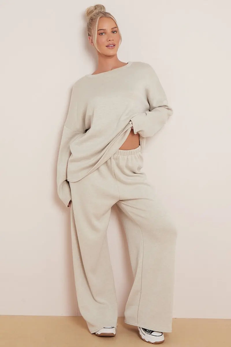 KATCH ME Beige Casual Long Sleeve Top & Wide Leg Pants Co-ord Co-ord 