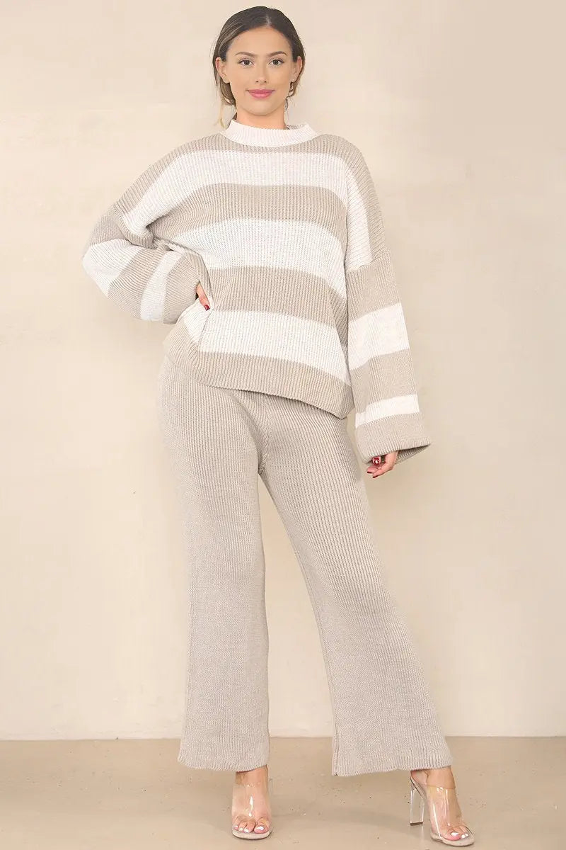 KATCH ME Beige Stripe Color Matching Knit Sweater & Wide Leg Pants Co-ord Co-ord 34.99
