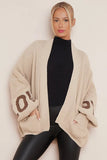 Beige LOVE Print Knit Balloon Sleeve Open-Front Sweater Cardigan