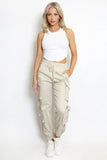 KATCH ME Beige Versatile High Waist Multi- Pocket Elastic Drawstring Cargo Pants Trousers 27.99