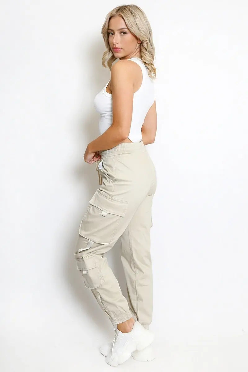 KATCH ME Beige Versatile High Waist Multi- Pocket Elastic Drawstring Cargo Pants Trousers