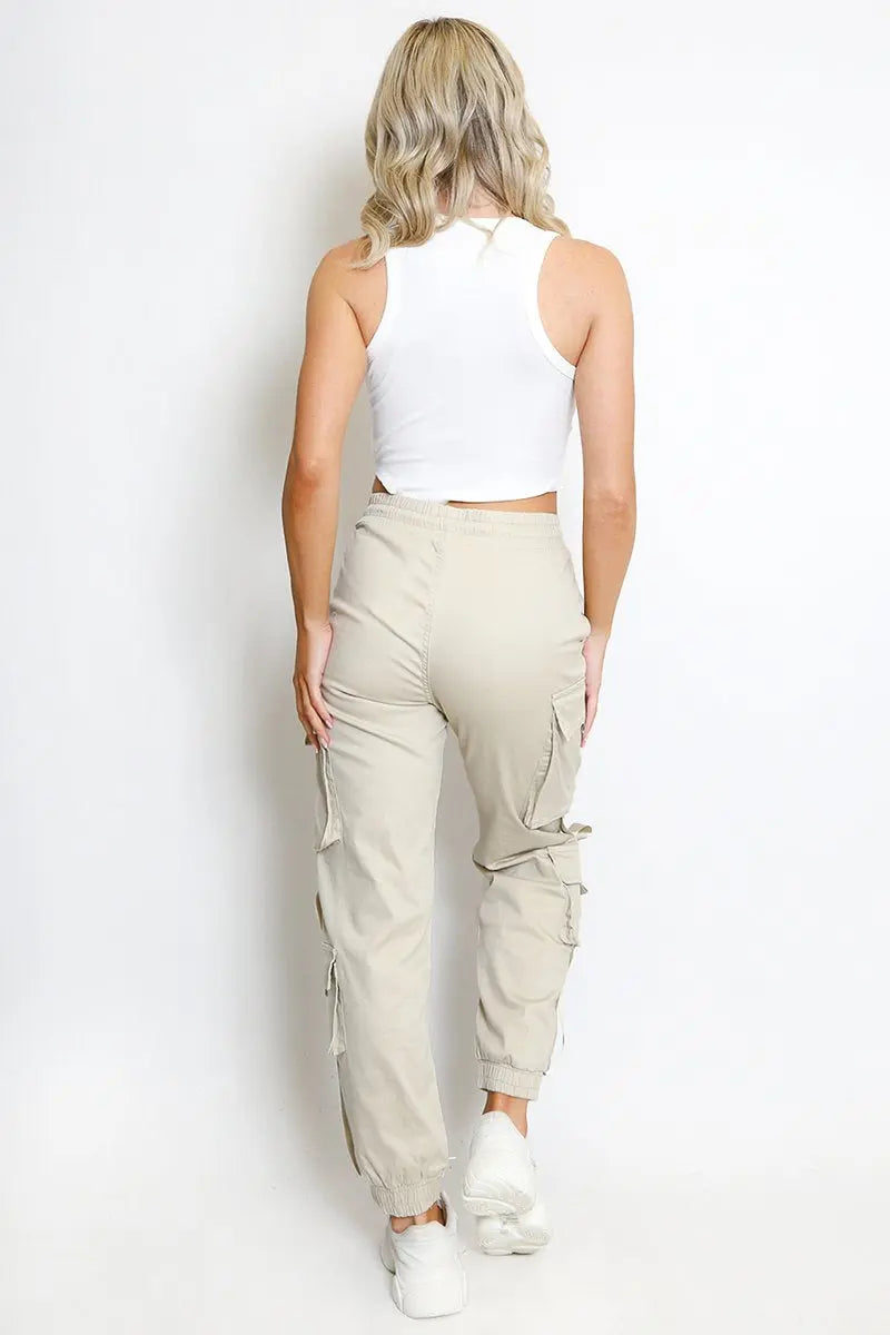 KATCH ME Beige Versatile High Waist Multi- Pocket Elastic Drawstring Cargo Pants Trousers