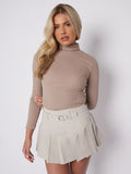 KATCH ME Beige Versatile Solid Color High Waist Belt Decor Pleated Skirt Skirts