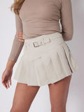 KATCH ME Beige Versatile Solid Color High Waist Belt Decor Pleated Skirt Skirts