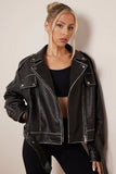 KATCH ME Black Belt Decor Zip-Up PU Biker Jacket Coat 