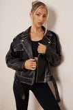 KATCH ME Black Belt Decor Zip-Up PU Biker Jacket Coat 