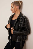 KATCH ME Black Belt Decor Zip-Up PU Biker Jacket Coat 