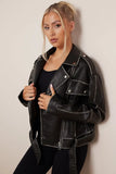 KATCH ME Black Belt Decor Zip-Up PU Biker Jacket Coat 