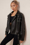 KATCH ME Black Belt Decor Zip-Up PU Biker Jacket Coat 