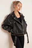 KATCH ME Black Belt Decor Zip-Up PU Biker Jacket Coat 