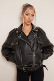 KATCH ME Black Belt Decor Zip-Up PU Biker Jacket Coat 