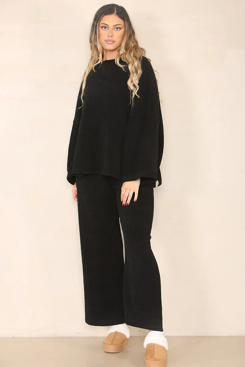 KATCH ME Black Casual Loose Top & Wide Leg Pants Co-ord Co-ord 