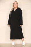 KATCH ME Black Casual Loungewear V Neck Lapel Corduroy Long Sleeve Loose Dress Dress