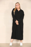 KATCH ME Black Casual Loungewear V Neck Lapel Corduroy Long Sleeve Loose Dress Dress