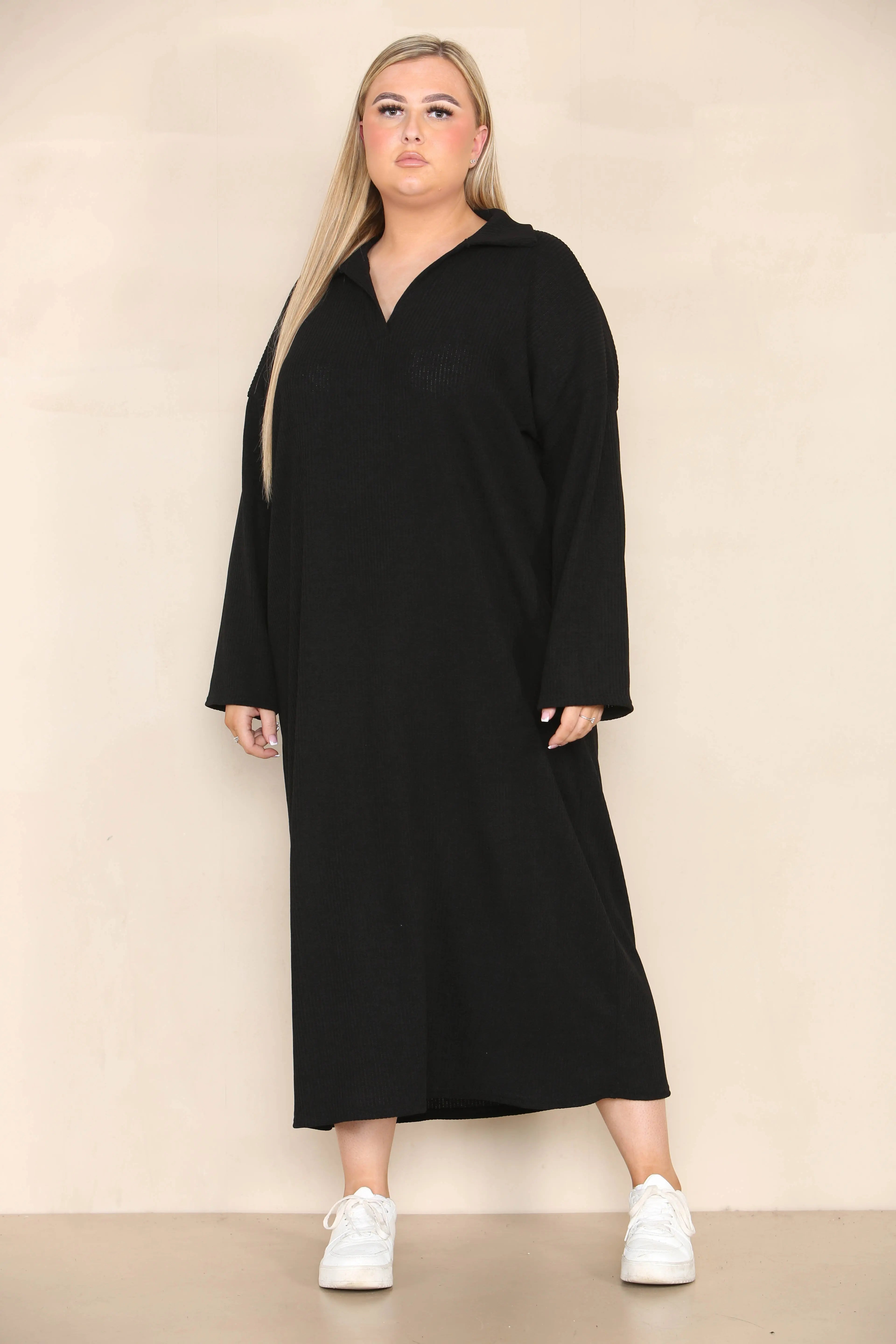 KATCH ME Black Casual Loungewear V Neck Lapel Corduroy Long Sleeve Loose Dress Dress 37.99