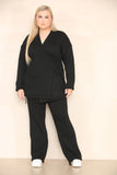 KATCH ME Black Commuter Knit V Neck Wrap Tie Curved Edge Pullover & Stretchy Pants Co-ord Co-ord