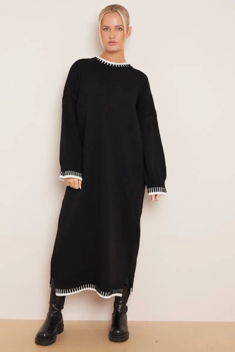 KATCH ME Black Commuter Versatile Color Matching Edge Long Sleeve Loose Dress Dress 28.99