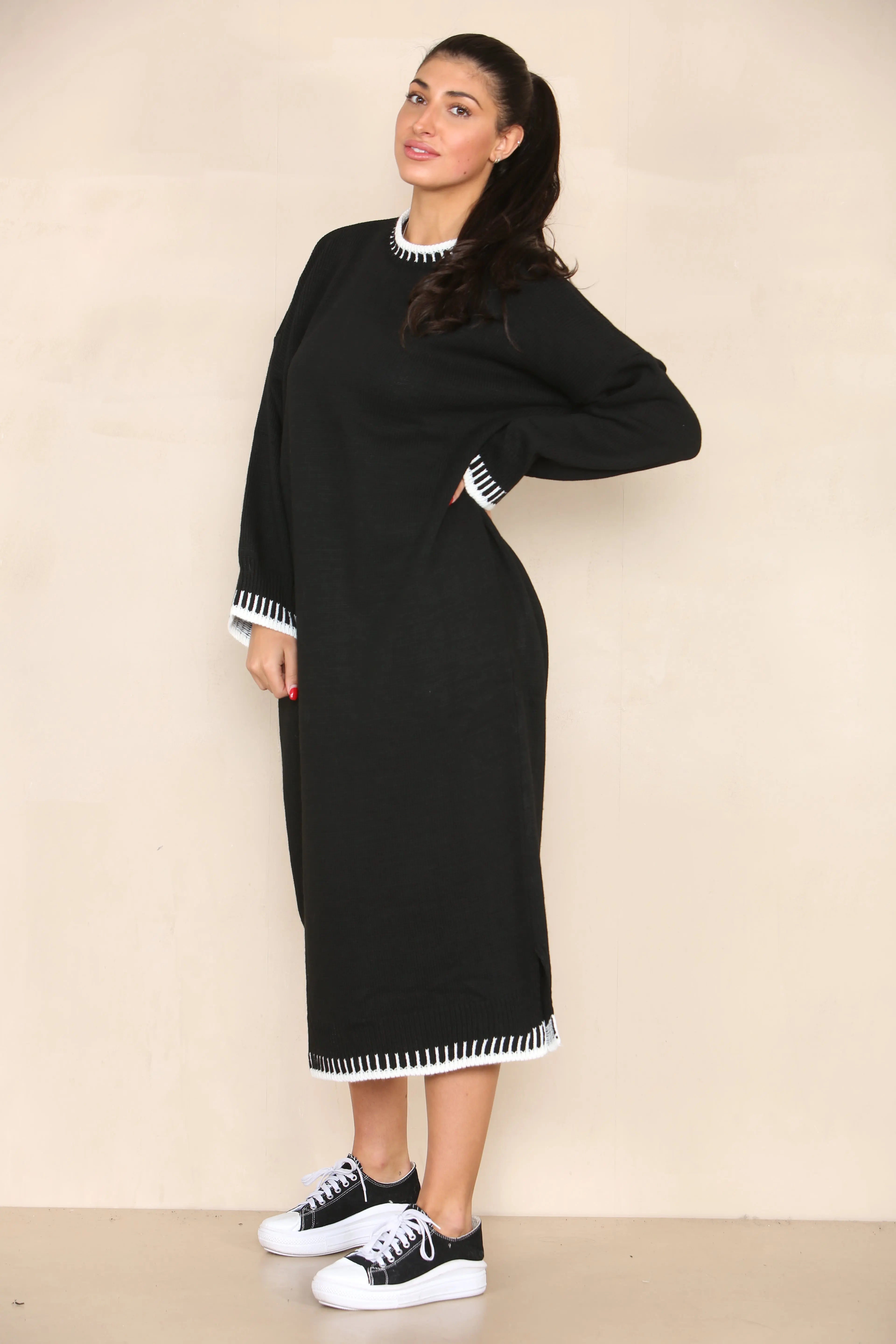 KATCH ME Black Commuter Versatile Color Matching Edge Long Sleeve Loose Dress Dress