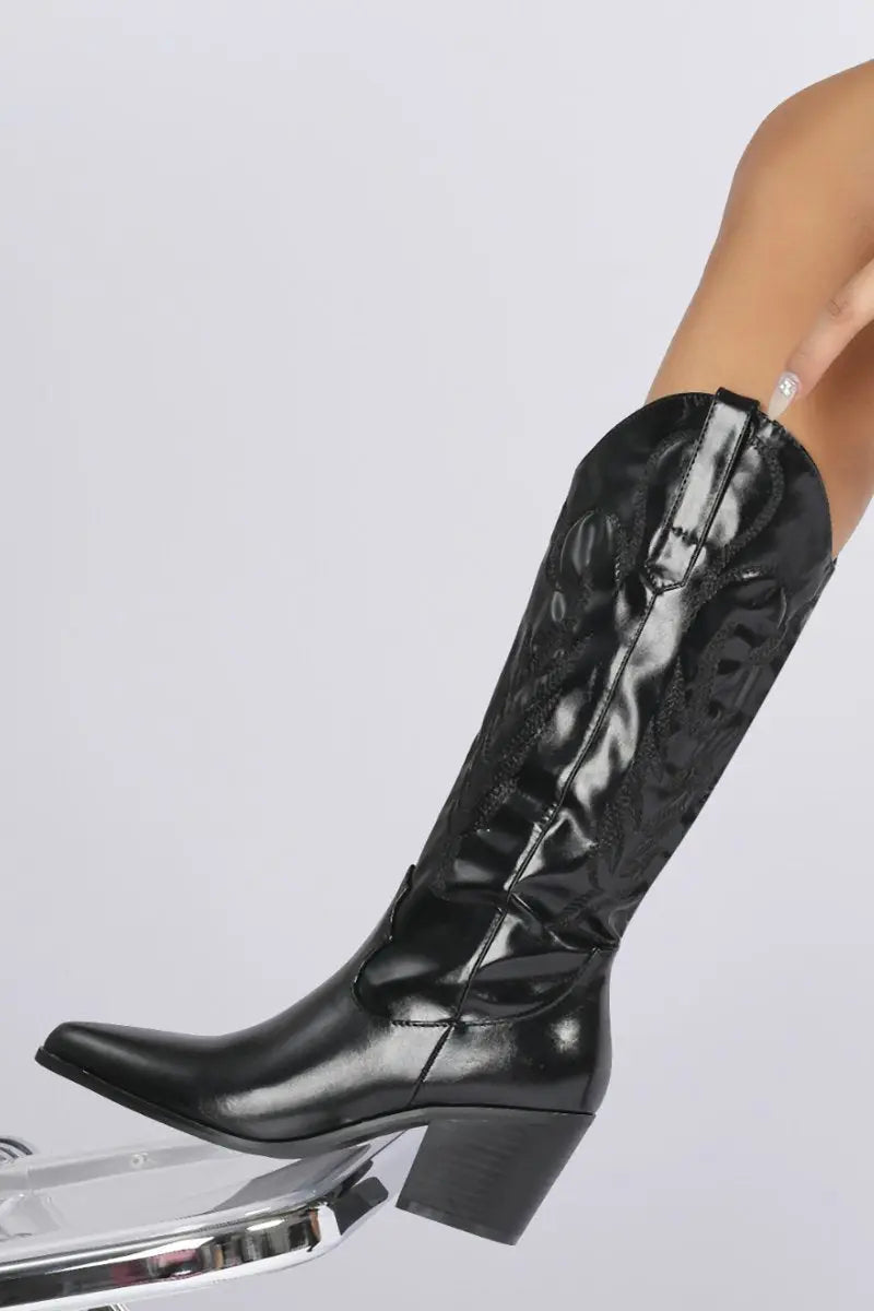 KATCH ME Black High Shine Pattern Cowboy Boots Shoes 