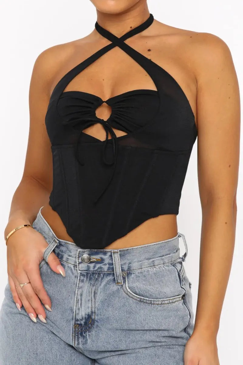 KATCH ME Black Hollow Out Halter Fishbone Top Top 