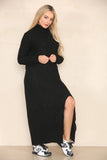 KATCH ME Black Knit Stylish Versatile Roll Neck Textured Split Long Sleeve Maxi Dress Dress