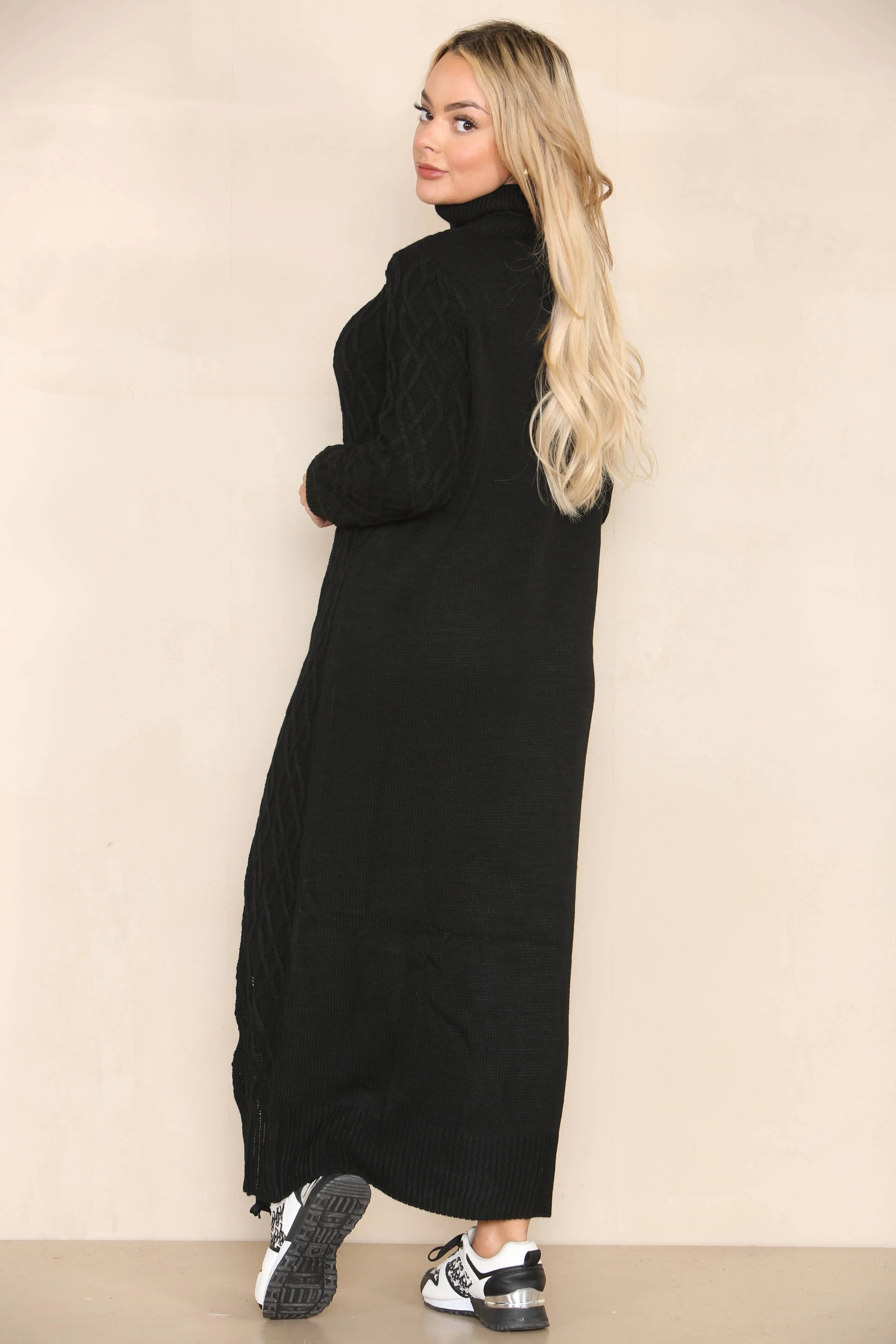 KATCH ME Black Knit Stylish Versatile Roll Neck Textured Split Long Sleeve Maxi Dress Dress