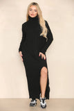 Black Knit Stylish Versatile Roll Neck Textured Split Long Sleeve Maxi Dress
