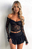 Black Lace Off The Shoulder Top & Pleated Mini Skirt Co-ord