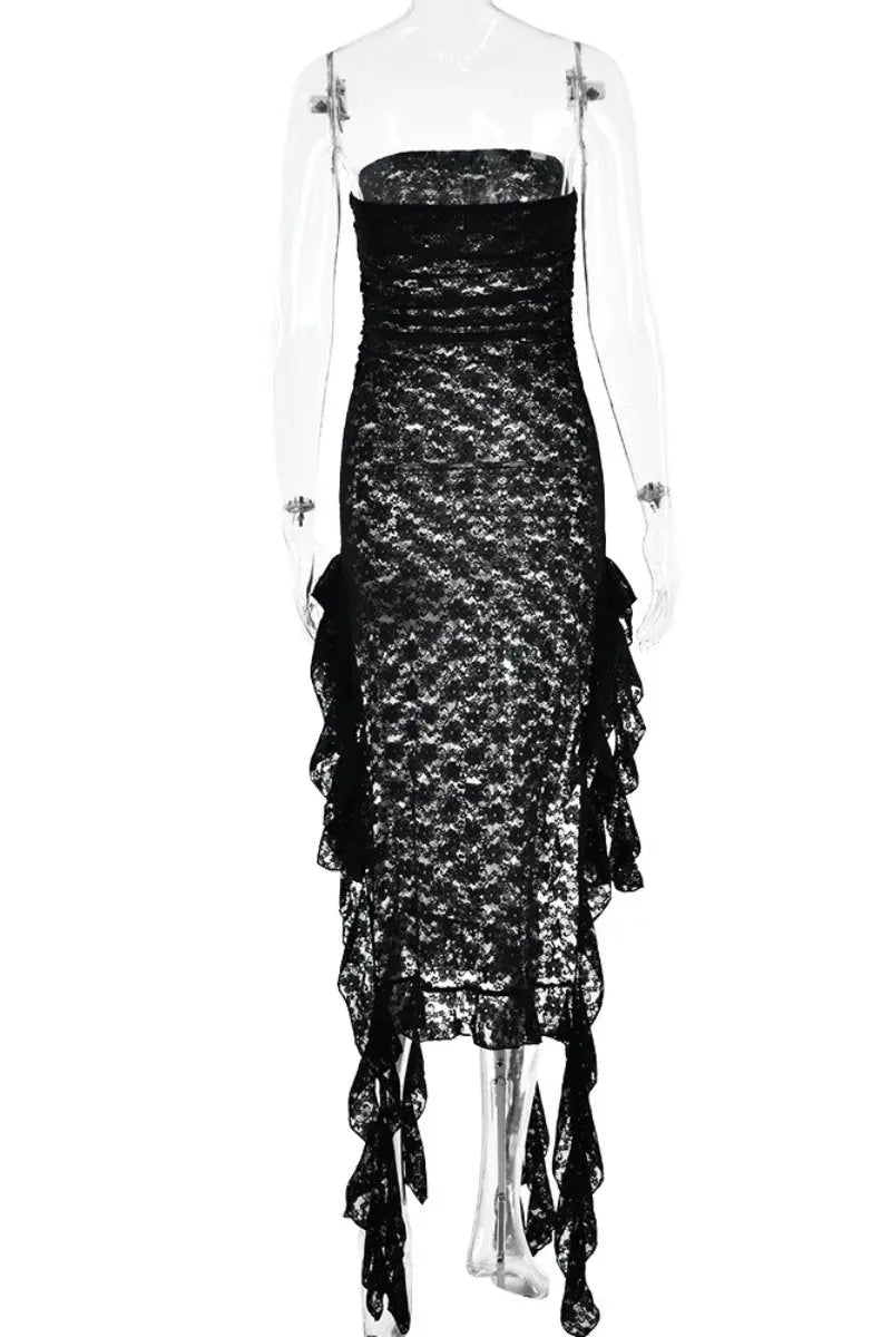 KATCH ME Black Lace Perspective Tassel Tube Dress Dress 