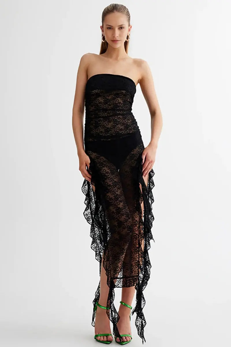 KATCH ME Black Lace Perspective Tassel Tube Dress Dress 