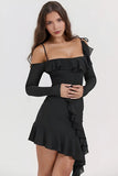 KATCH ME Black Mesh Off The Shoulder Tie-Up Flounce Slinky Dress Dress 