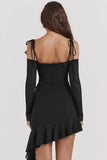 KATCH ME Black Mesh Off The Shoulder Tie-Up Flounce Slinky Dress Dress 