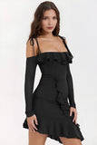 KATCH ME Black Mesh Off The Shoulder Tie-Up Flounce Slinky Dress Dress 