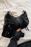 KATCH ME Black PU Cago City Rivet Buckle Adjustable Ruched Shoulder Bag