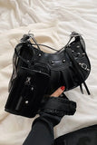 Black PU Cago City Rivet Buckle Adjustable Ruched Shoulder Bag