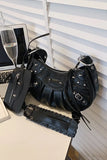 KATCH ME Black PU Cago City Rivet Buckle Adjustable Ruched Shoulder Bag