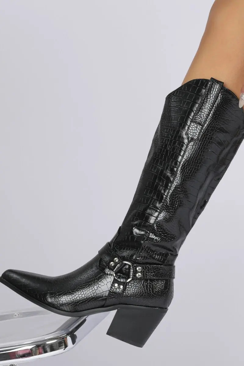 KATCH ME Black Snakeskin Studded Strap Cowboy Boots Shoes 