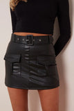 Black Stylish Cargo Pocket Belt Decor PU Skort