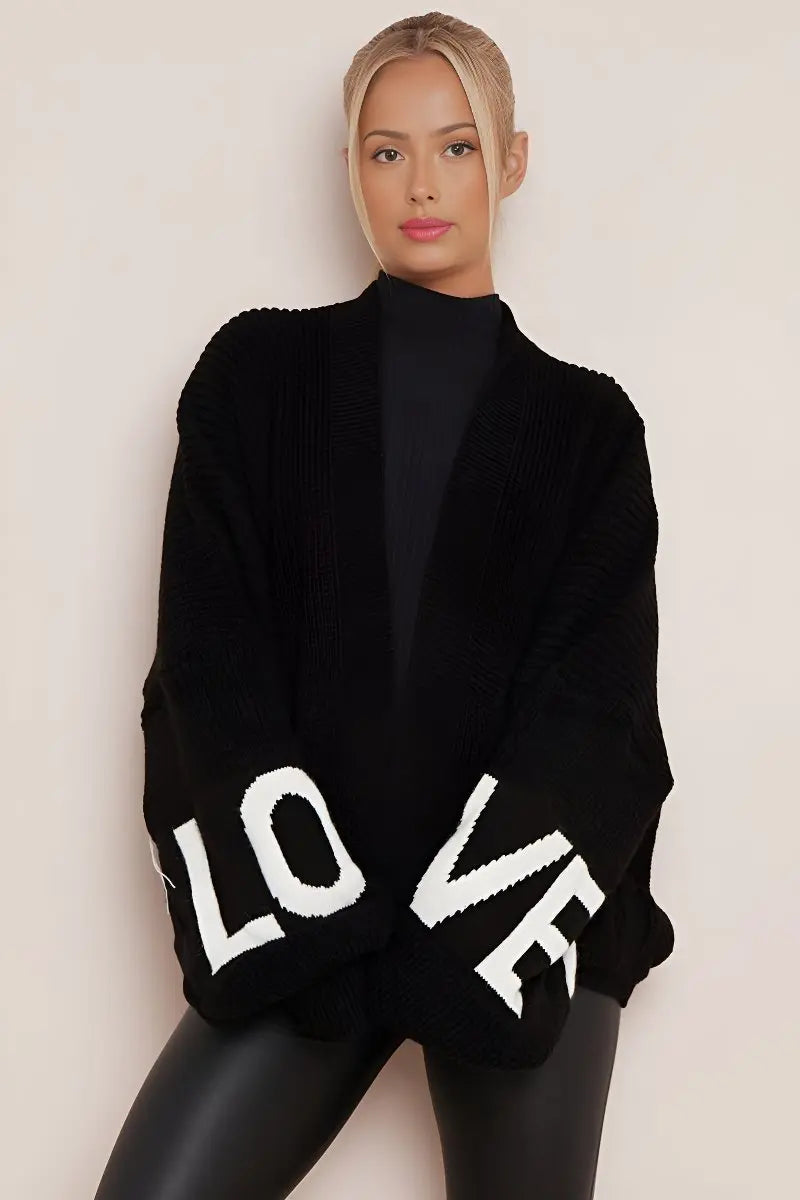KATCH ME Black Stylish LOVE Print Knit Balloon Sleeve Open-Front Sweater Cardigan Coat 27.99