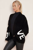KATCH ME Black Stylish LOVE Print Knit Balloon Sleeve Open-Front Sweater Cardigan Coat