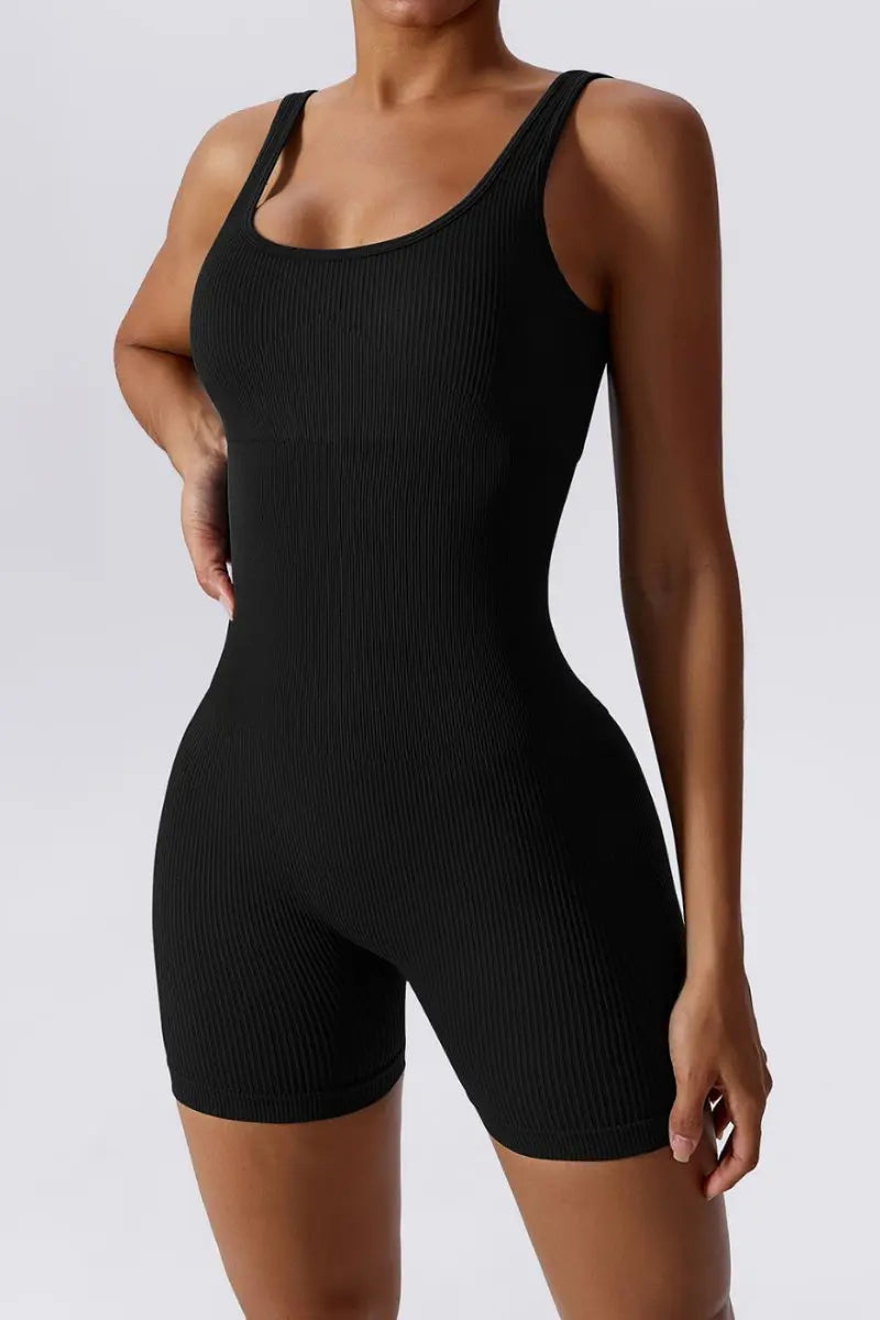 KATCH ME Black Thick Straps Seamless Ribbed Playsuit Playsuit 