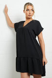 KATCH ME Black V Neck Short Sleeve Pleated Hem Dress Dress 13.99