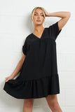 KATCH ME Black V Neck Short Sleeve Pleated Hem Dress Dress 13.99