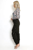 KATCH ME Black Versatile High Waist Multi- Pocket Elastic Drawstring Cargo Pants Trousers